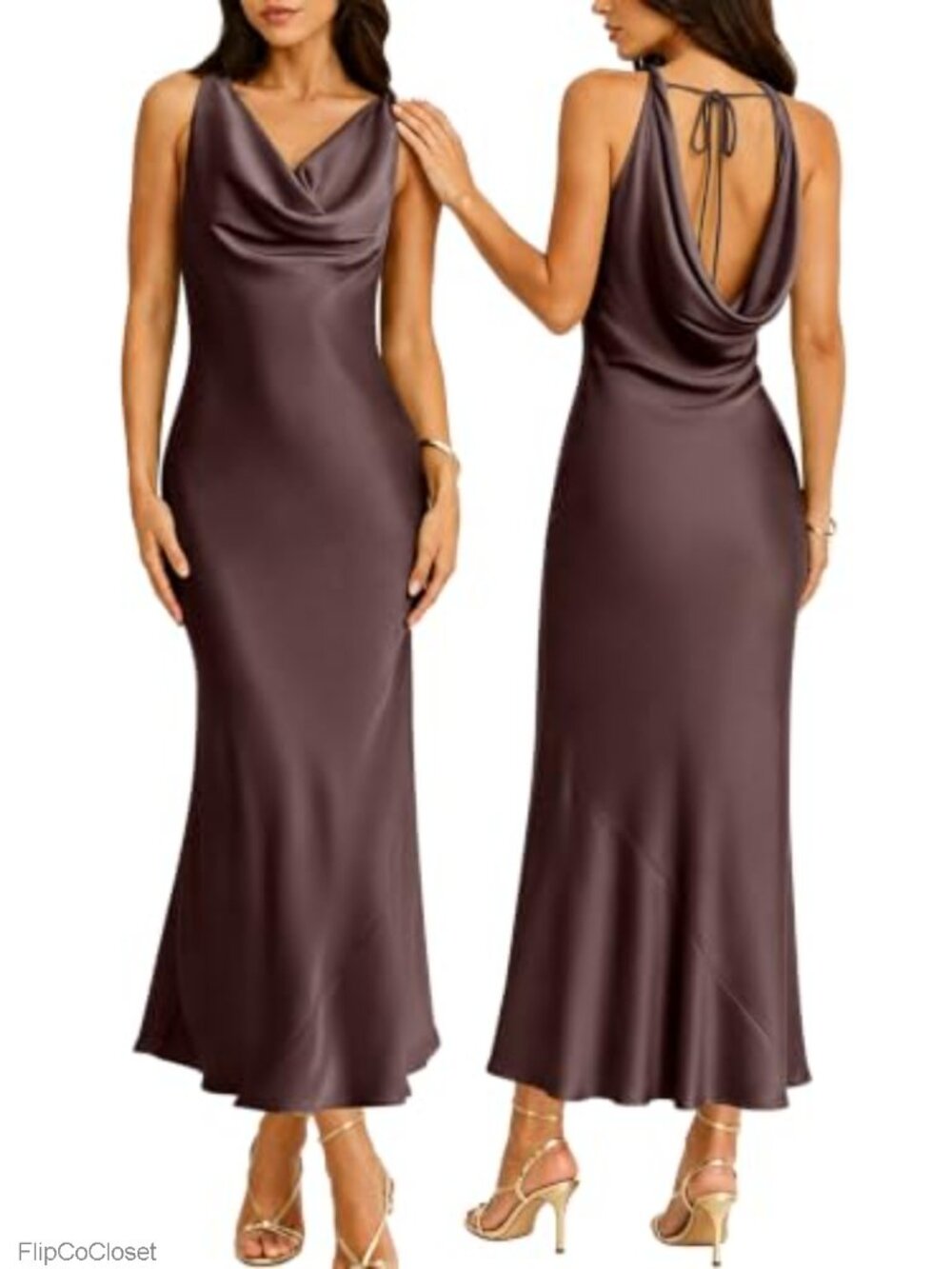 Sleeveless Cowl Neck Maxi Dress Pleated Back Tie Bodycon Party